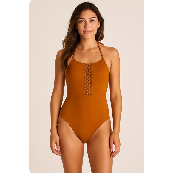 Aerie One-Piece Swimsuit Size M – Rust Orange Crochet Front Halter - Picture 1 of 7